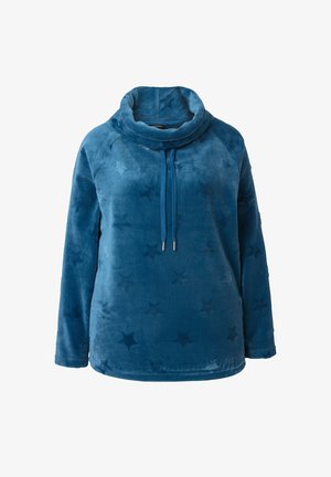 Maglioncino blu in plush con collo a dolce vita, motivo a stelle e dettagli con cordoncino. Maniche lunghe e vestibilità morbida con una texture liscia.