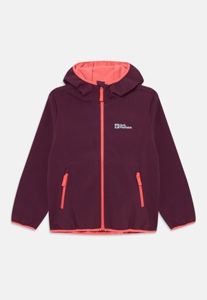 Maroon jacket with a hood and orange lining. Features a front zipper, two side pockets with zippers, and a logo on the left chest.