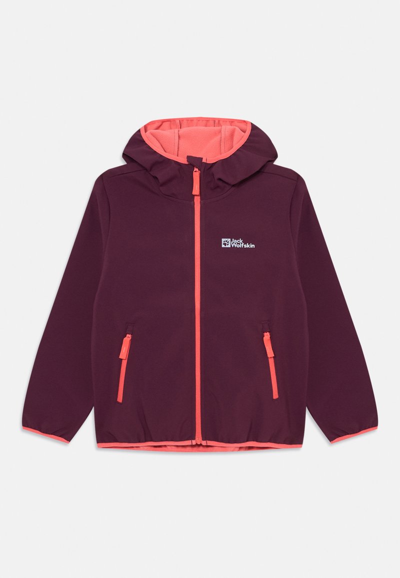 Maroon jacket with a hood and orange lining. Features a front zipper, two side pockets with zippers, and a logo on the left chest.