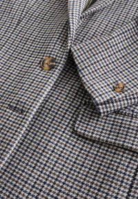 Pilka ir tamsiai mėlyna houndstooth raštuota paltas su dviem rudos spalvos sagomis, atvartu ir kišene; pagaminta iš tekstūruotos medžiagos.