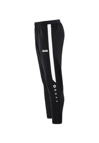 Schwarze Sporthose mit einem weißen Seitenstreifen. Verfügt über das Logo "JAKO" und fünf graue Knöpfe auf der linken Seite. Hergestellt aus einem glatten, leichten Material.