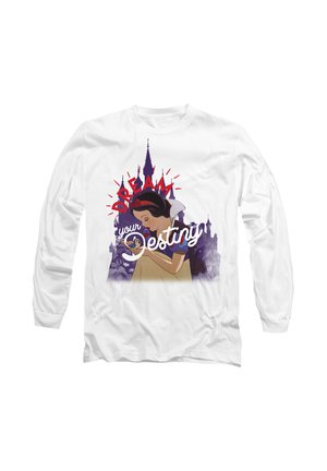 White long-sleeve shirt featuring a graphic design of a girl holding a bird, with "DREAM your Destiny" text and dark castle silhouettes in the background.