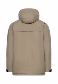 Beige gepolsterte Jacke mit Kapuze, ausgestattet mit einer glatten Textur, elastischen Bündchen und einem Rückenteilen-Design. Minimalistischer Stil ohne sichtbare Beschläge.