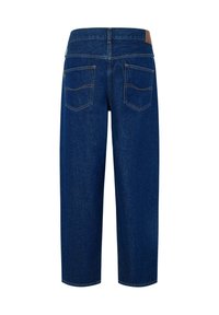Vaqueros de mezclilla azul oscuro con un diseño de pierna recta, que cuentan con dos bolsillos traseros, detalles de costura y un parche de cuero en la cinturilla.
