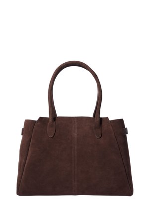 Brown suede handbag with two handles, a structured shape, and a depth that creates a clean, minimalist aesthetic. No visible hardware details.