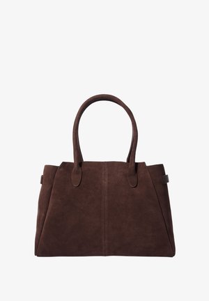 Brown suede handbag with two handles, a structured shape, and a depth that creates a clean, minimalist aesthetic. No visible hardware details.