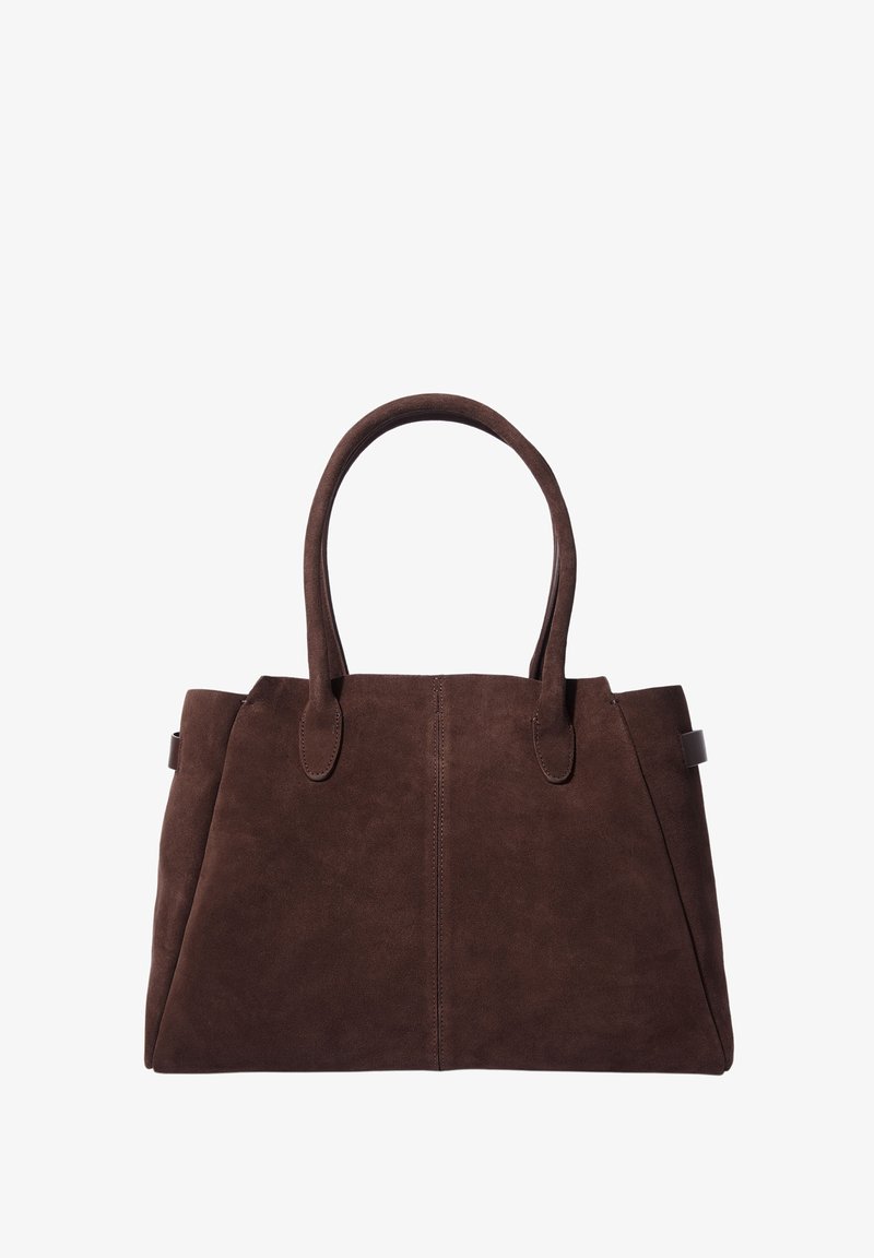 Brown suede handbag with two handles, a structured shape, and a depth that creates a clean, minimalist aesthetic. No visible hardware details.
