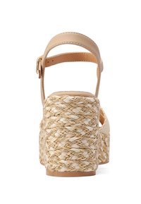 Sandali platform beige con base in juta intrecciata, cinturino in pelle liscia e fibbia regolabile alla caviglia. Finitura testurizzata per un'aderenza aggiuntiva.