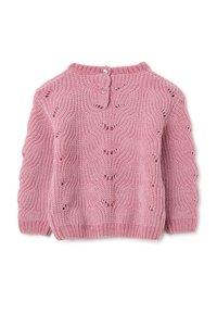 Rosa gestrickter Pullover mit einem strukturierten Wellenmuster, Rundhalsausschnitt und Knopfschluss hinten. Gerippte Bündchen und Saum.