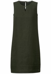 Ärmelloses Kleid aus dunkelgrünem Leinen mit einem Schlüssellochverschluss am Rücken und horizontale Steppnähte nahe dem Saum.