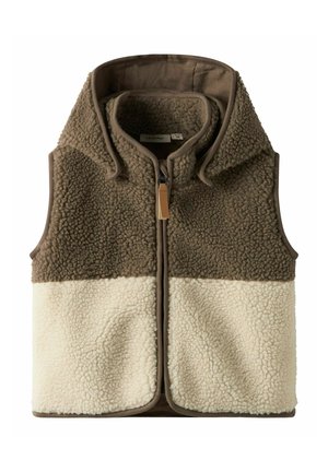 Ujjatlan polár mellény barna felső résszel és krémszínű alsó panellel, magas gallérral és elején cipzárral, bőr húzófüllel.