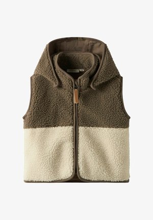 Veste sans manches en polaire avec panneaux supérieurs marron et inférieurs crème, dotée d'un col montant et d'une fermeture éclair frontale avec tirette en cuir.
