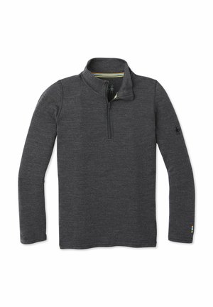 Pull-over à manches longues gris foncé avec fermeture éclair d'un quart, col montant, petit logo sur la manche gauche et détail à rayures multicolores à l'intérieur du col.