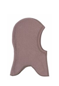 Fleece-Balaclava in Hellbraun, mit weicher Textur, rundem Oberteil und offenem Gesicht, verziert mit genähten Kanten für Langlebigkeit.