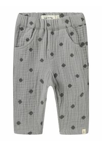 Pantalons en coton gris avec une finition texturée, présentant des motifs à pois noirs, une taille élastique et deux poches latérales.