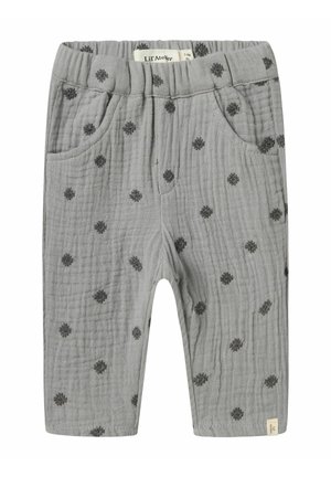 Pantalones de algodón grises con un acabado texturizado, que presentan un patrón de lunares negros, cintura elástica y dos bolsillos laterales.