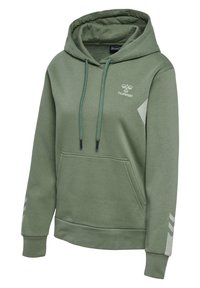 Sweat à capuche vert avec poche avant, cordons, logo blanc hummel sur la poitrine et motifs en chevrons sur les manches.