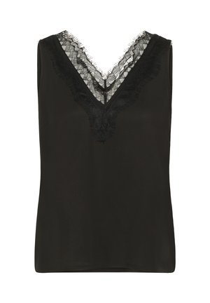 Black sleeveless top with deep V-neckline featuring delicate lace trim and fringe detailing.
