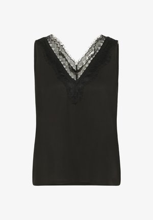 Melnas bezpiedurkņu blūzes ar dziļu V-veida dekoltē, kas rotāta ar smalku mežģīņu apdari un frizēm.