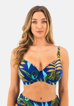 Top bikini blu con motivi di foglie tropicali verdi e gialle. Presenta coppe imbottite, spalline regolabili e un dettaglio frontale a torsione.
