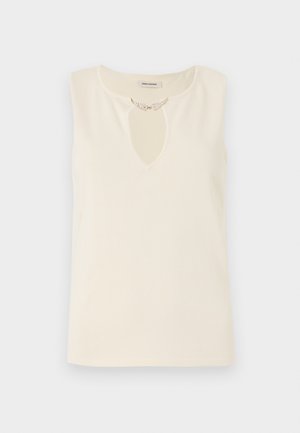 Sleeveless top in cream fabric featuring a keyhole neckline adorned with decorative leaf-shaped embellishments. Simple cut and smooth texture.