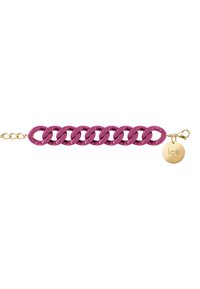 Bracciale in plastica viola con chiusura dorata e charm circolare incastonato con la scritta "ice". Texture liscia, design a catena.
