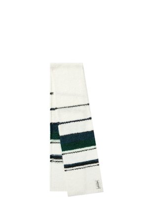 White knitted scarf with horizontal black, dark green, and dark blue stripes and a small white label at the corner.