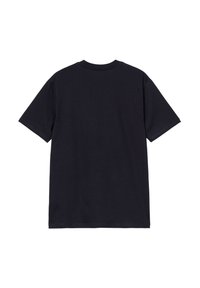 Maglietta nera a maniche corte con collo tondo distesa, mostrando il retro e senza loghi o design visibili.
