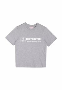 Pilkos medvilnės marškinėliai su apvalia iškirpte, su baltu spaudiniu, kuriame rašoma "JUICY COUTURE Sekmadienio Bėgimo Klubas" ir bėgiko grafika.