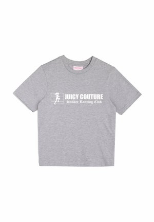 Šedé bavlněné tričko s kulatým výstřihem, které má bílý potisk se textem "JUICY COUTURE Sunday Running Club" a grafikou běžce.