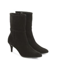 Svarta ankelstövletter i mocka med spetsig tå och 5 cm hög klack. Designen har en vikbar mudd upptill och en sidodragkedja.