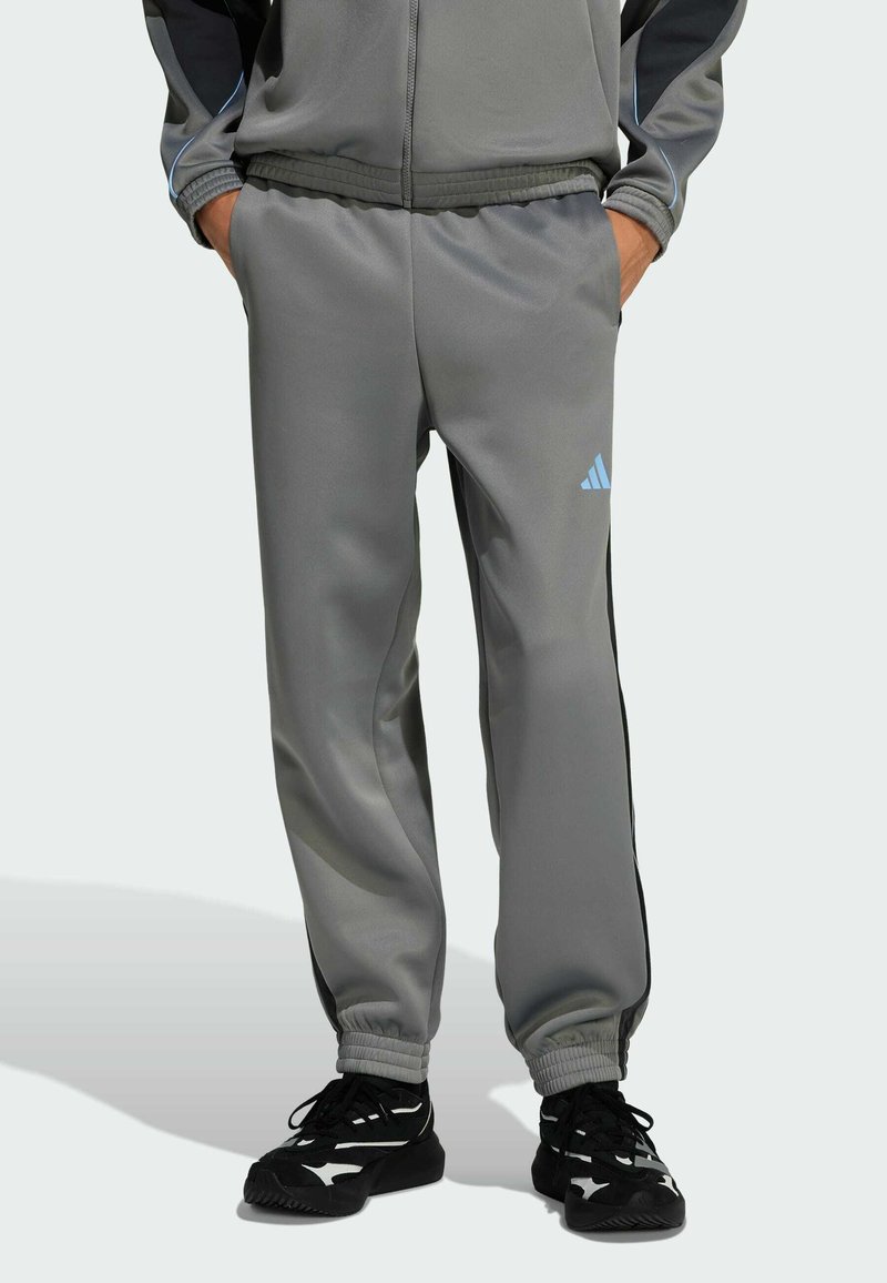 Sivé športové nohavice s elastickým pásom, so sťahovaním na členkoch a bočnými čiernymi pruhmi. Obsahuje svetlomodré logo na hornej časti nohy.
