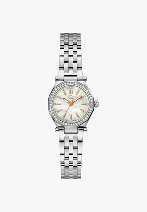 Hõbedane roostevabast terasest kell kaheksanurkse korpusega, pärlmutterdial, roosakuldsete aktsentidega ja teemantilaadsete kaunistustega kella raamidel.