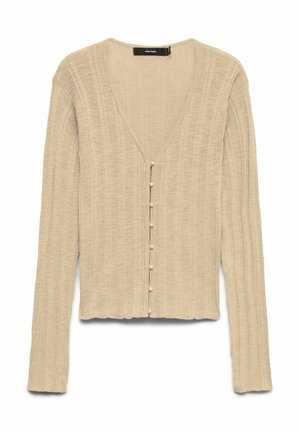 Bézs színű bordás kötött kardigán hosszú ujjakkal, V-nyakkivágással és apró, gyöngyhöz hasonló gombokkal az elején.