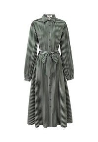 Robe chemise de couleur vert foncé avec des rayures verticales blanches. Elle possède des manches longues, une taille ceinturée et une jupe évasée.