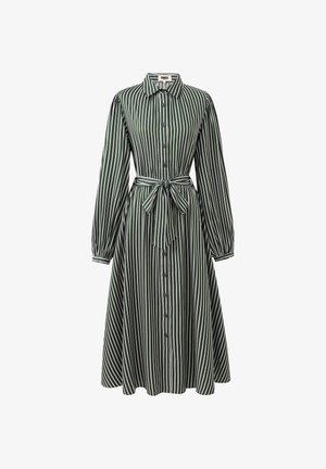 Knopfkleid in Dunkelgrün mit weißen vertikalen Streifen. Verfügt über lange Ärmel, eine taillierte Taille und einen schwingenden Rock.