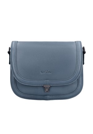 Small blue leather shoulder bag with a front flap, black metal clasp, and "Gusti Leder" embossed on the front center.