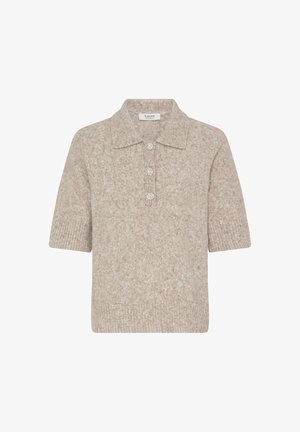 Gaismati beiga īsās piedurknes polo džemperis, izgatavots no teksturēta adīta auduma. Iezīme trīs dekoratīvi pogas pie kakla un ribota apakšmalu.