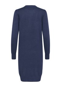 Vestito lavorato a maglia blu navy a maniche lunghe con scollo rotondo semplice e polsini a coste, dal taglio morbido e dalla lunghezza media.