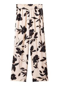 Pantalons à imprimé floral en beige pâle avec des fleurs noires. Dotés d'une taille élastique et d'un design à jambes larges. Texture de tissu lisse.
