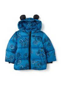 Blauwe kinderpoefjas met een patroon van een cartoon muizenhoofd, voorrits, zijzakken en een capuchon met twee zwarte stoffen oren.