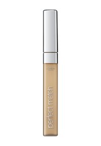 Correcteur L'Oréal Perfect Match dans un tube transparent effilé avec un capuchon argenté, présentant une texture liquide beige clair et un branding épuré.