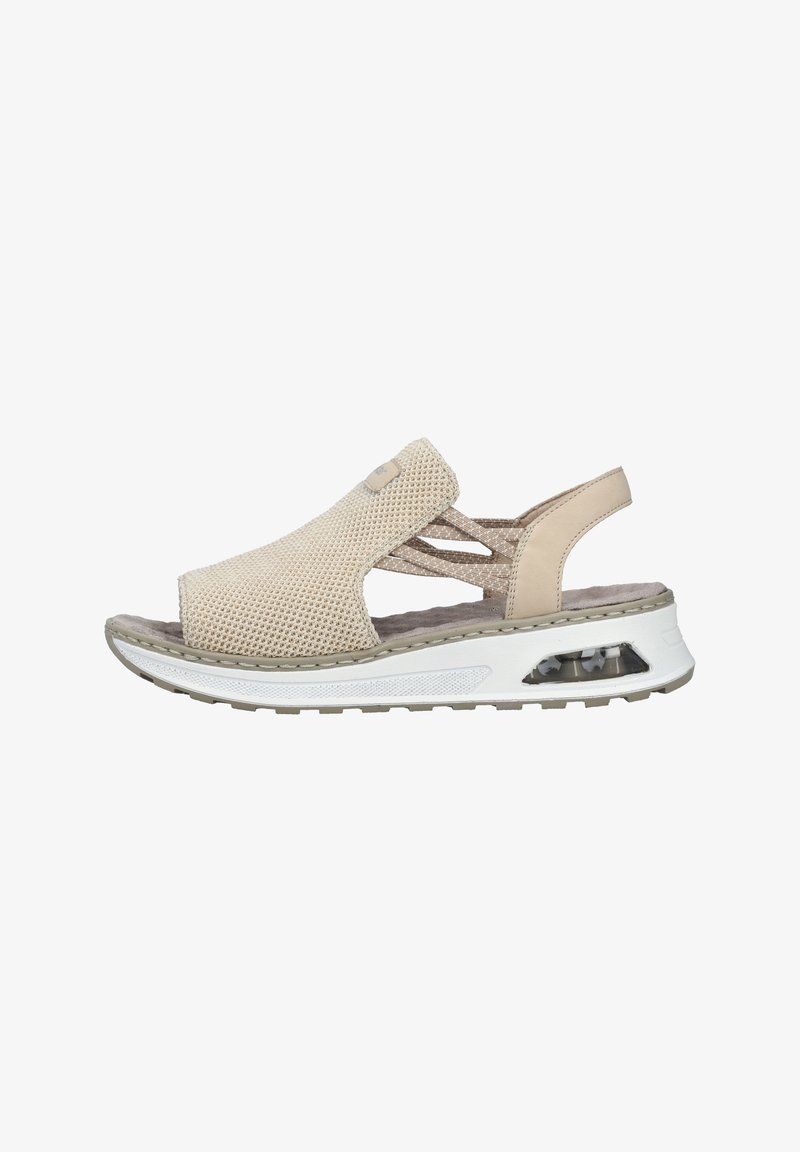 Beige Netzsandale mit Knöchelriemen und gepolsterter Innensohle. Verfügt über eine weiße Plattformsohle mit sichtbarer Luftpolsterung und grauen Akzenten.