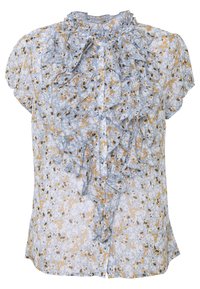 Blusa floral azul claro con un frente con volantes, mangas cortas, cierre de botones y pequeños patrones de flores amarillas y marrones en toda la prenda.