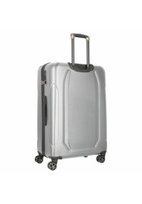 Valigia rigida argentata con finitura texture, manico retrattile, quattro ruote girevoli e chiusura a zip. Presenta un design elegante e moderno.