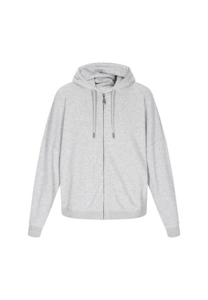 Sudadera con cremallera de color gris claro, con capucha ajustable, corte relajado, puños y dobladillo de canalé, hecha de un tejido suave con una textura lisa.