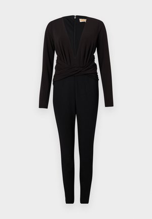 Schwarzer Jumpsuit mit langen Ärmeln, tiefem V-Ausschnitt und verdrehtem Stoffdetail an der Taille. Reißverschluss auf der Rückseite, enganliegende Beine. Weiches, dehnbares Material.