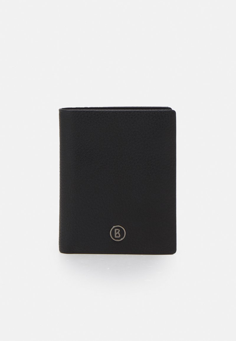 Czarny skórzany portfel o teksturowanym wykończeniu, z zaokrąglonym emblematem z literą 'B' z przodu. Kompaktowy, składany design.