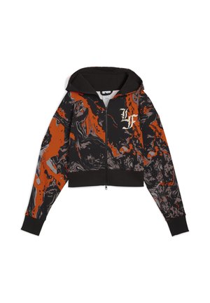 Kraftigt cropped zip-up hættejakke med et marmor mønster i sort, orange og grå. Inkluderer en sort hætte samt ribbede manchetter og kant.