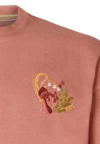 Rosa gerippte Stoffoberteil mit detaillierten gestickten Blumen- und Pilzmotiven in Rot-, Grün- und Gelbtönen.
